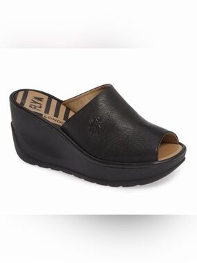 Fly London Jamb Black Leather Platform Wedge Sandals EU 40
